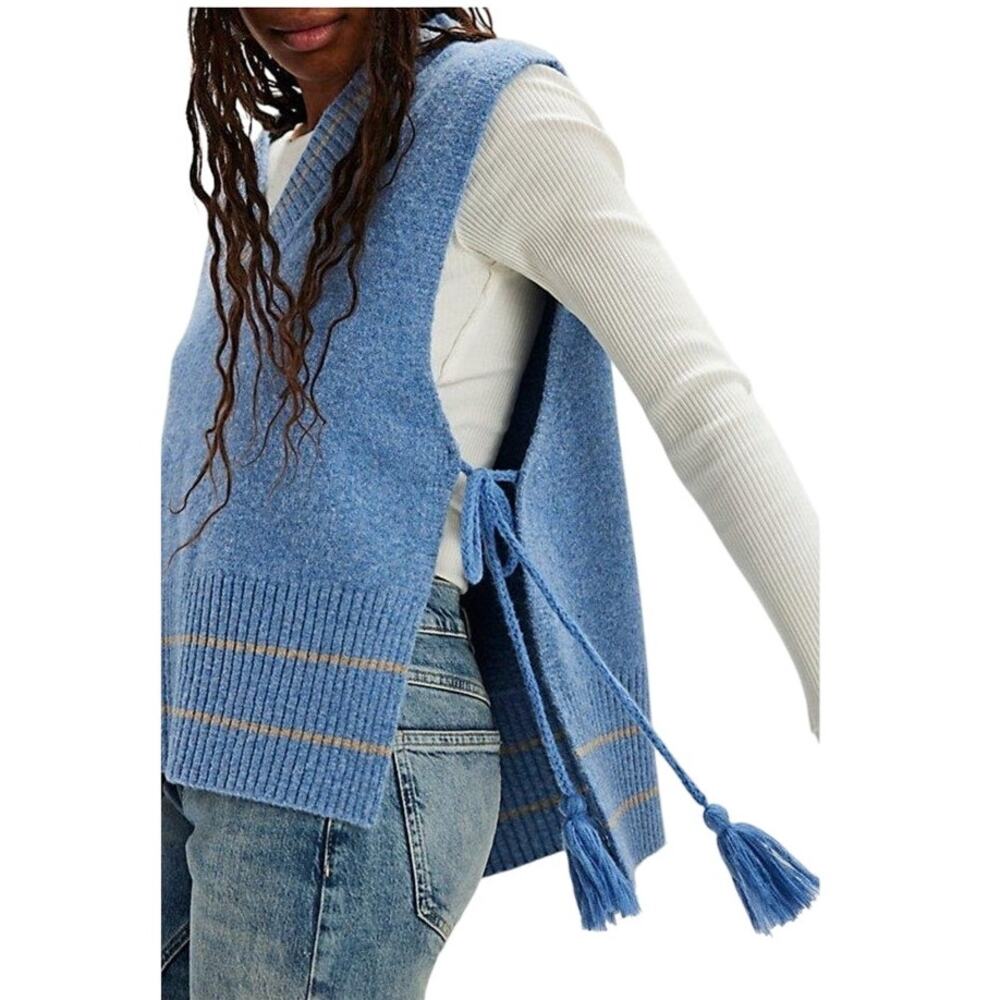 Free People All Star Striped Poncho Vest OS Blue Tassel Tie Boho Knit - Picture 2 of 13